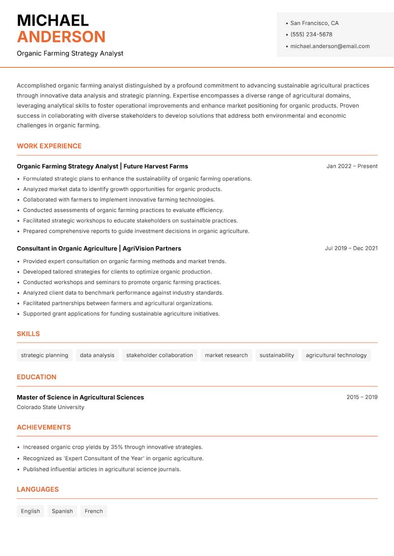 Organic Farming Analyst resume sample — Organic Farming Strategy Analyst focus