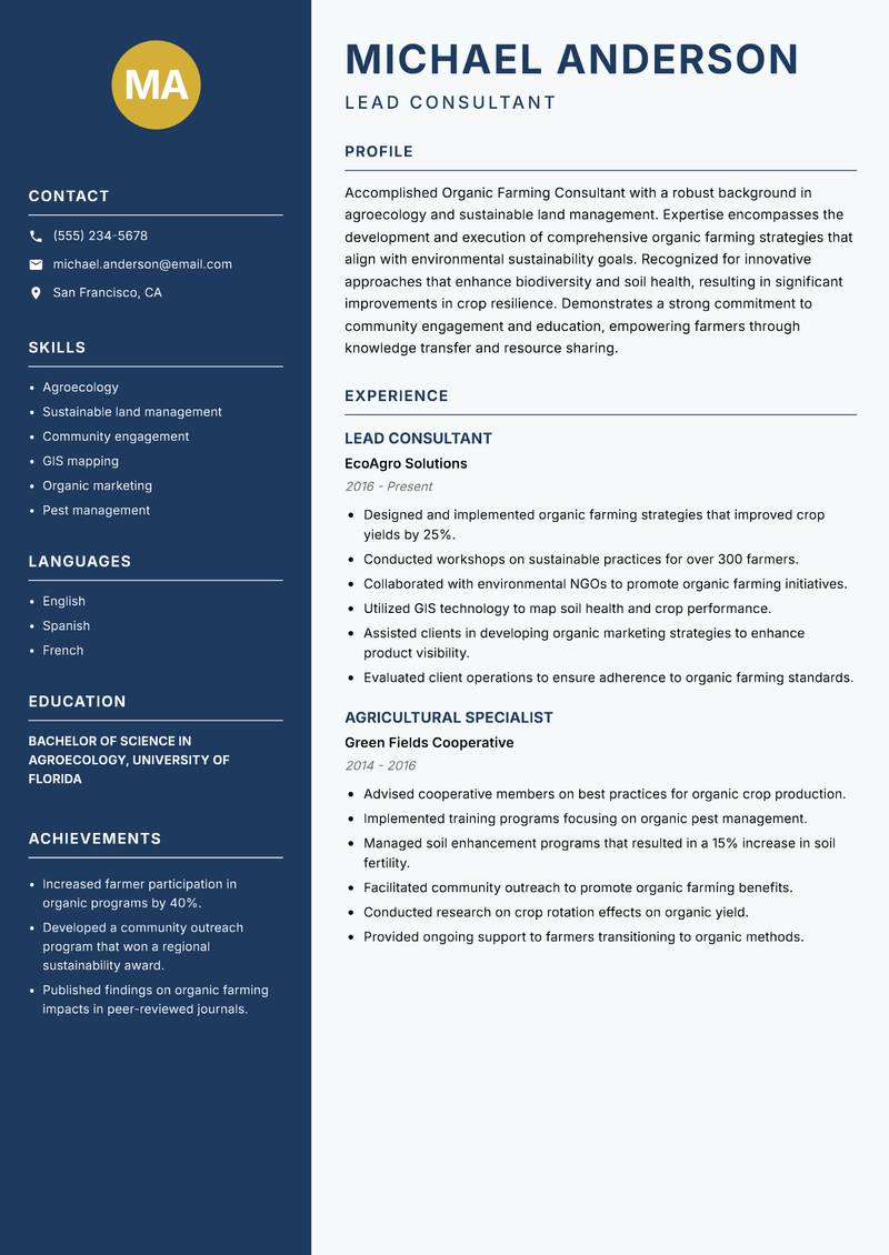 Organic Farming Consultant resume sample — Lead Consultant focus