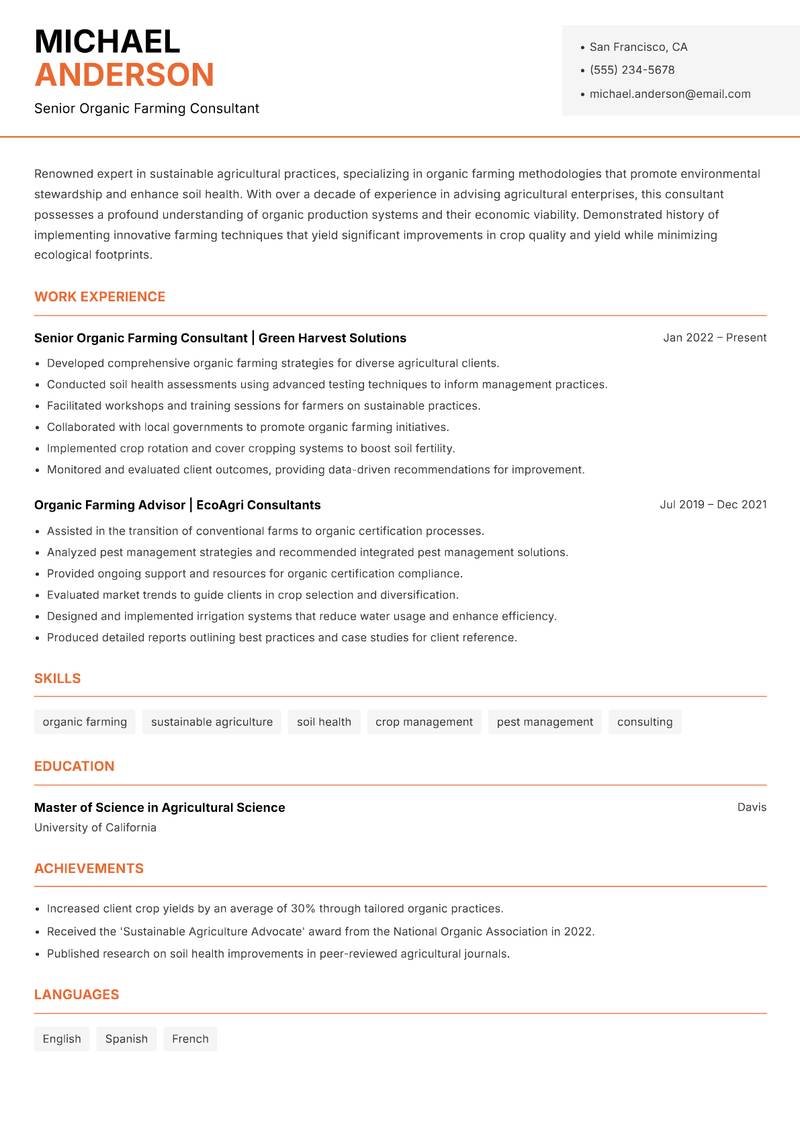 Organic Farming Consultant resume sample — Senior Organic Farming Consultant focus