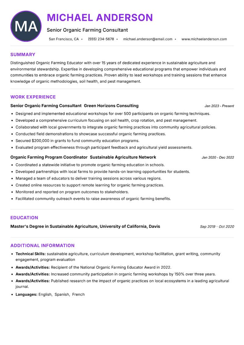 Organic Farming Educator resume example