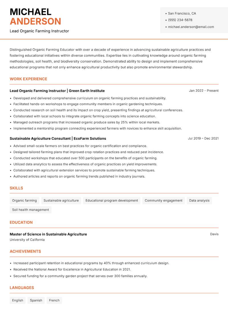 Organic Farming Educator resume sample — Lead Organic Farming Instructor focus