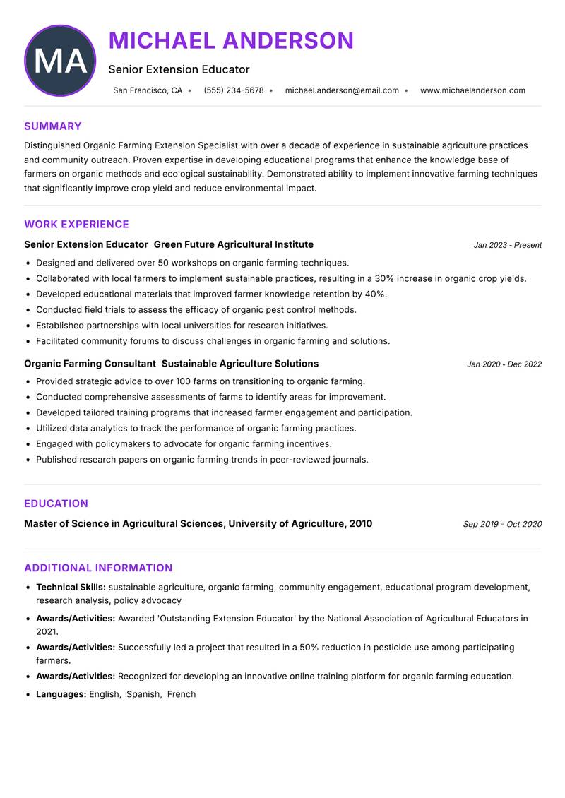 Organic Farming Extension Specialist resume example