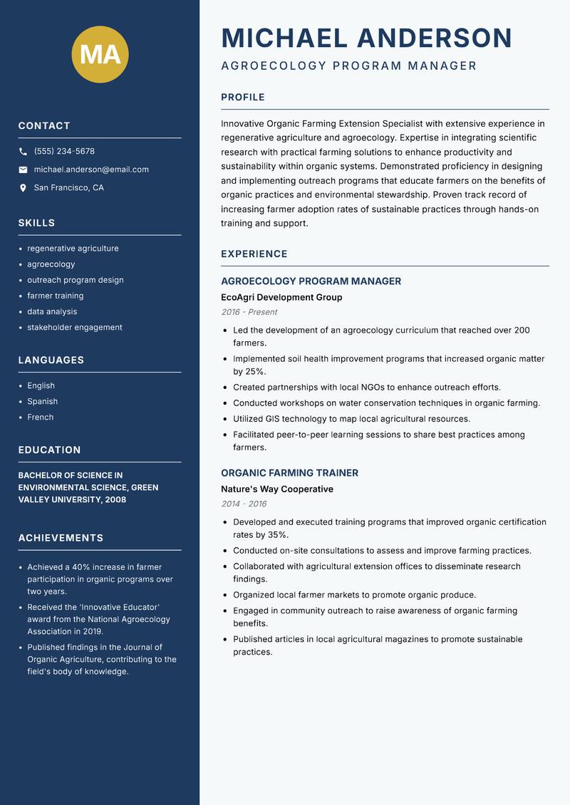 Organic Farming Extension Specialist resume sample — Agroecology Program Manager focus