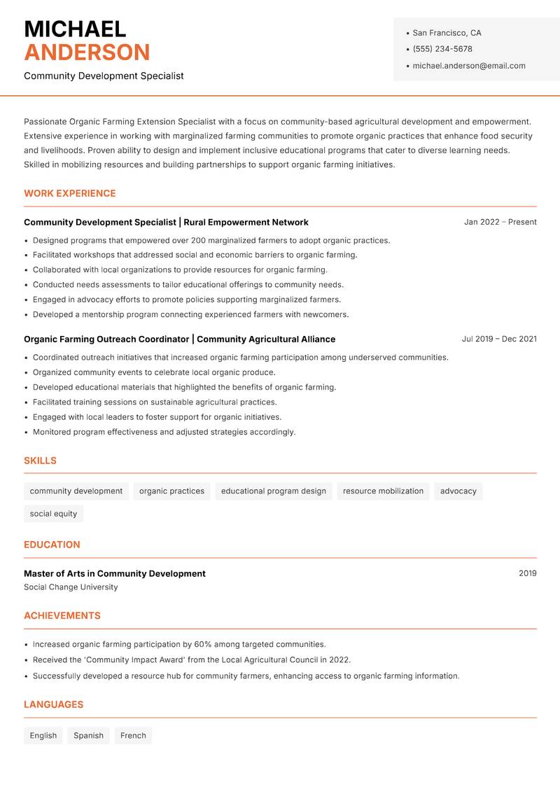 Organic Farming Extension Specialist resume sample — Community Development Specialist focus