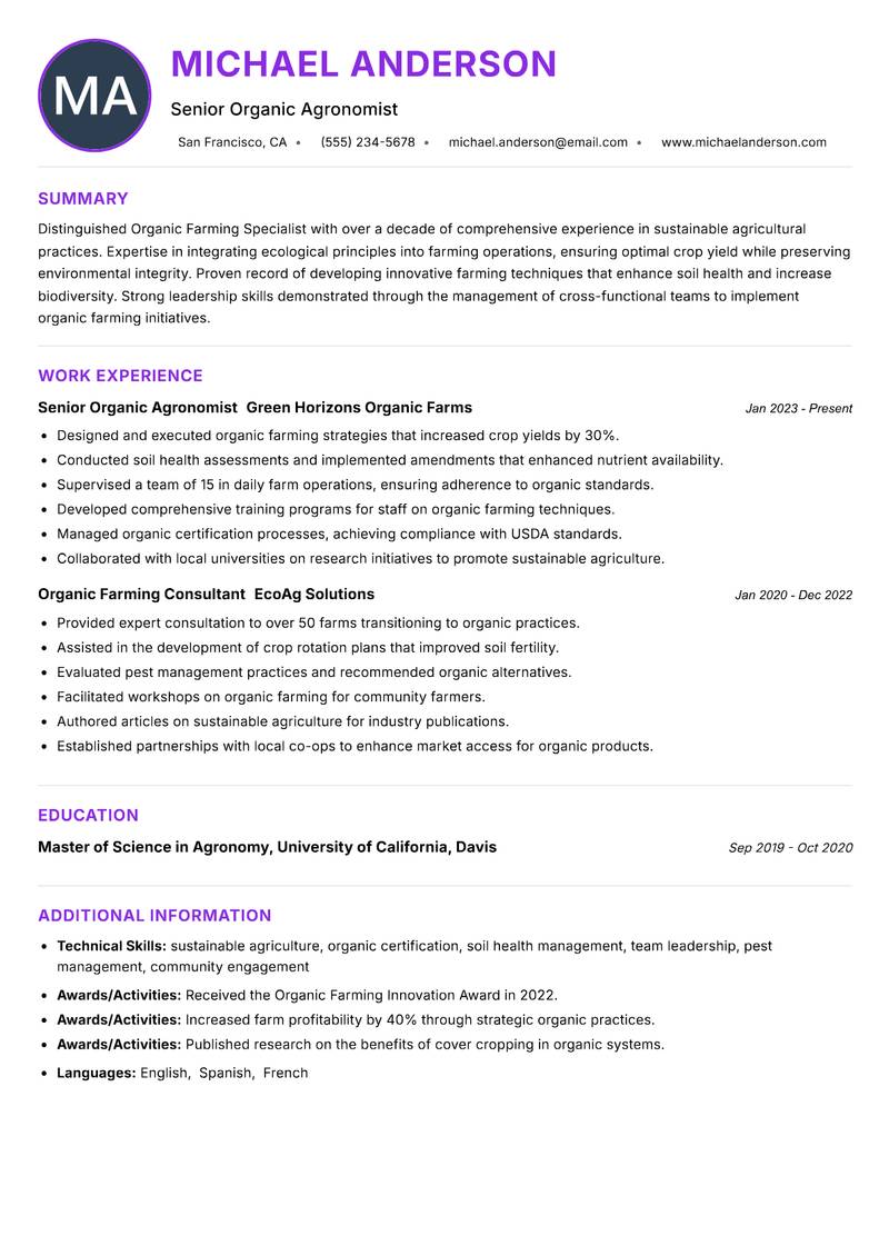 Organic Farming Specialist resume example