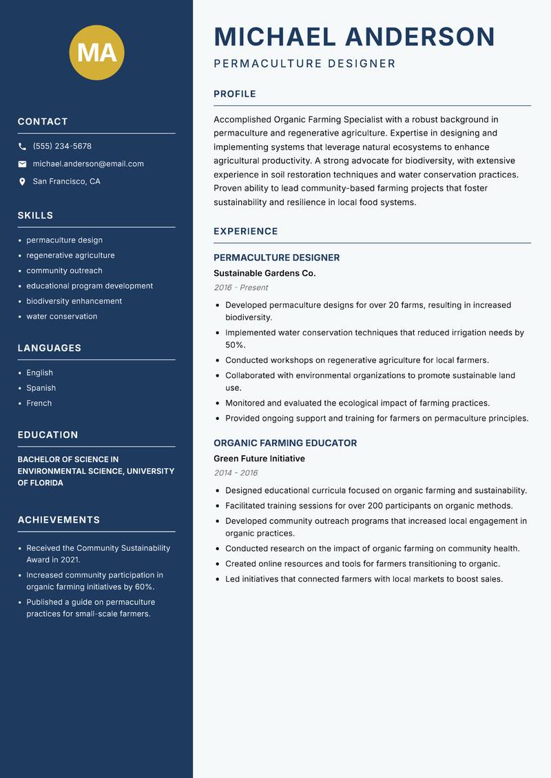Organic Farming Specialist resume sample — Permaculture Designer focus