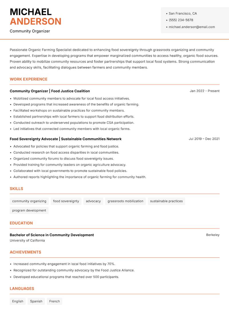 Organic Farming Specialist resume sample — Community Organizer focus