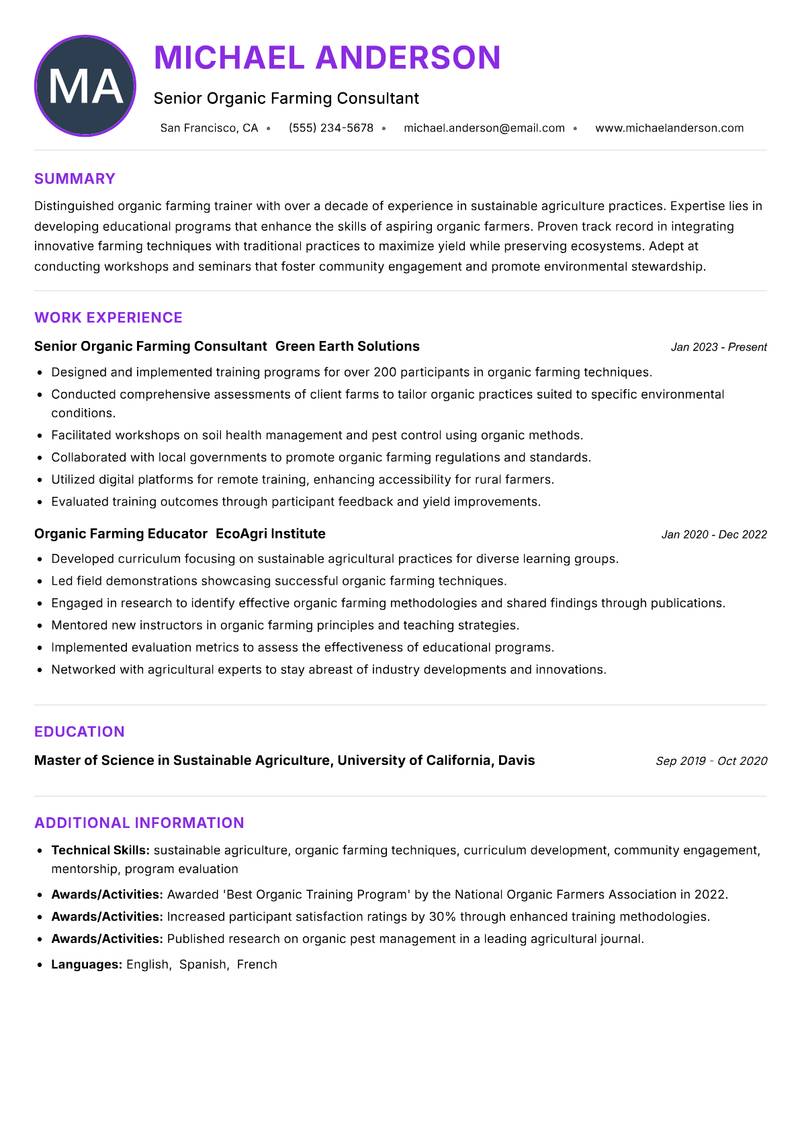 Organic Farming Trainer resume example
