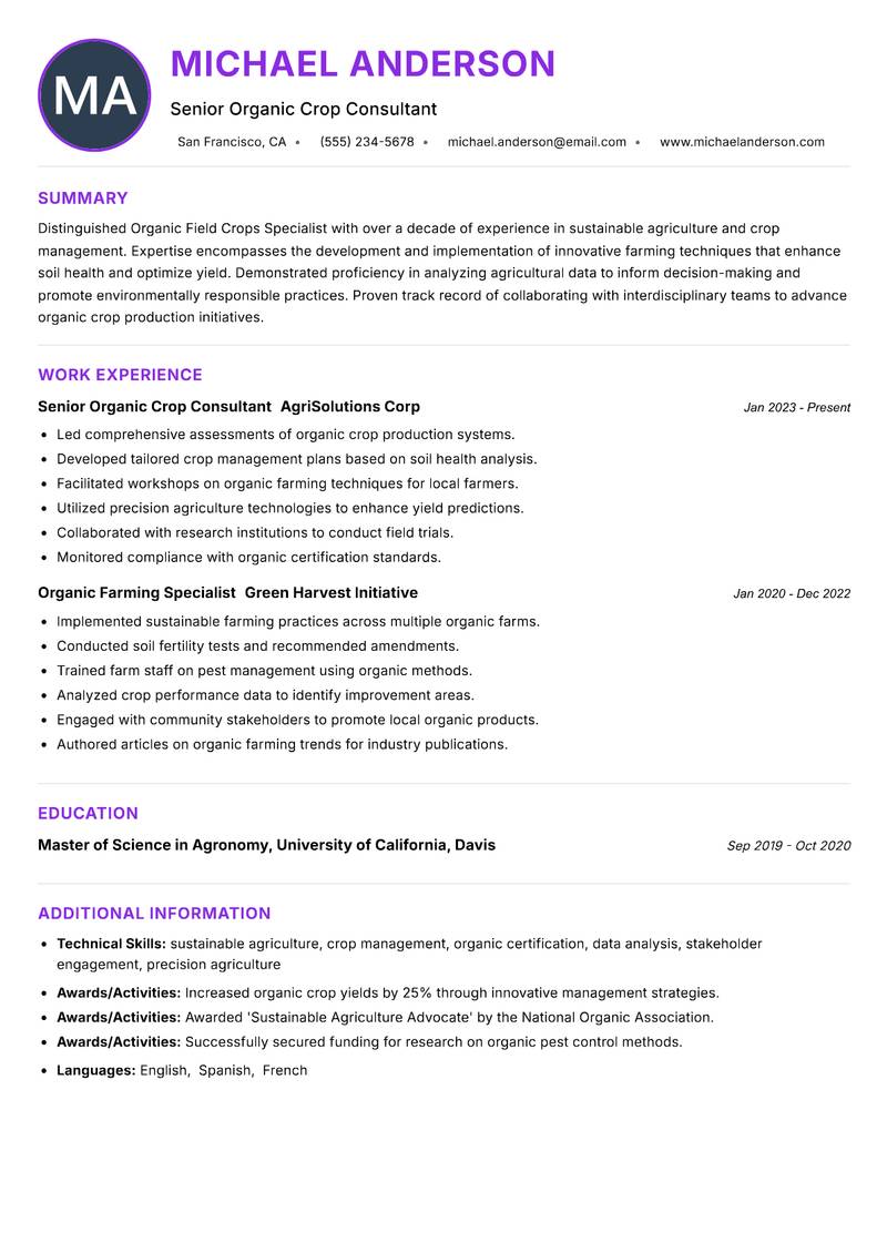 Organic Field Crops Specialist resume example