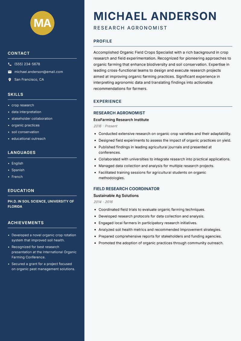 Organic Field Crops Specialist resume sample — Research Agronomist focus