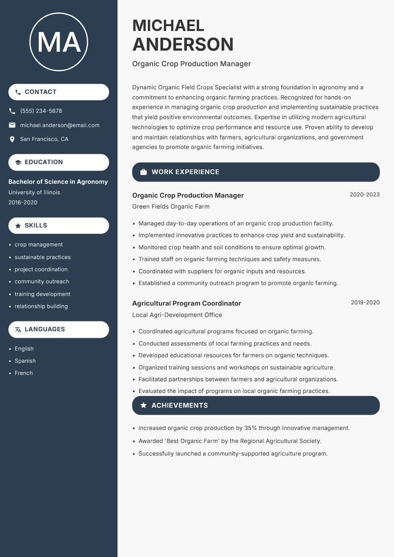 Organic Field Crops Specialist resume sample — Organic Crop Production Manager focus