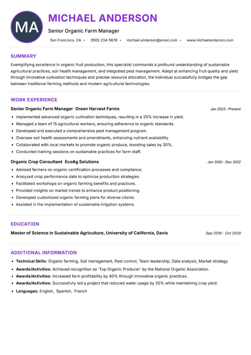 Organic Fruit Production Specialist resume example