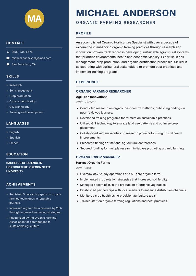 Organic Horticulture Specialist resume sample — Organic Farming Researcher focus