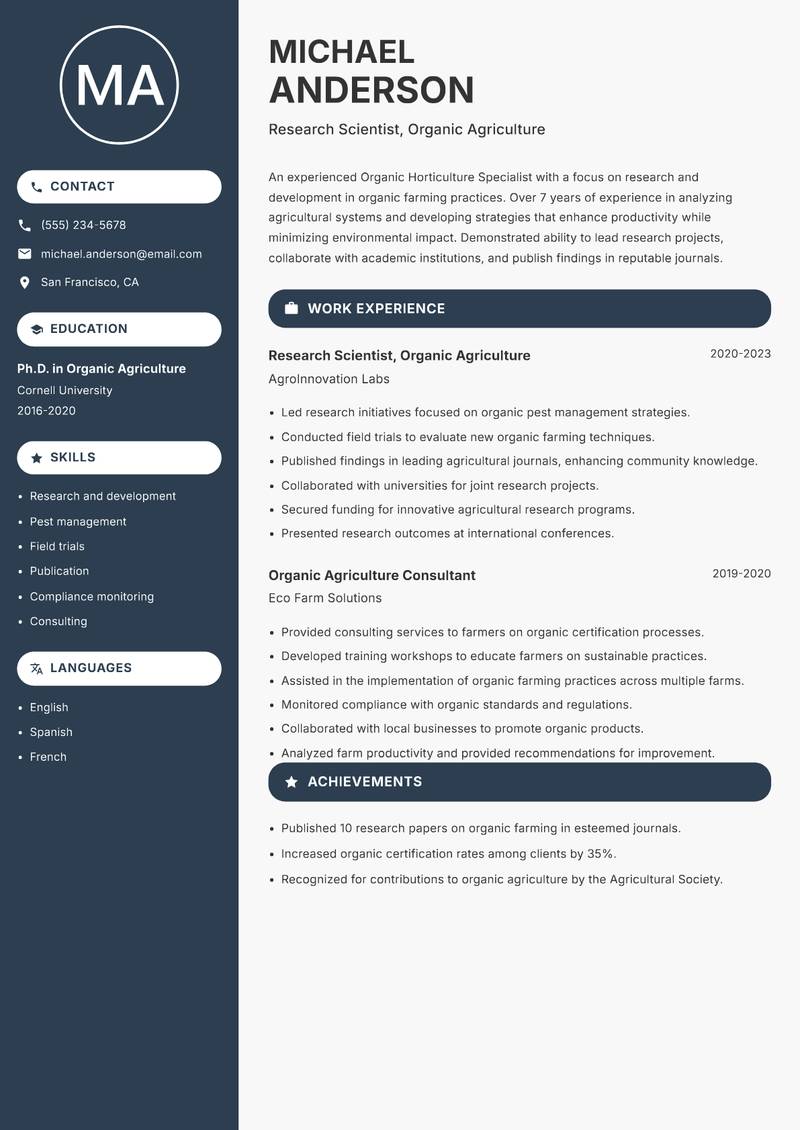 Organic Horticulture Specialist resume sample — Research Scientist, Organic Agriculture focus
