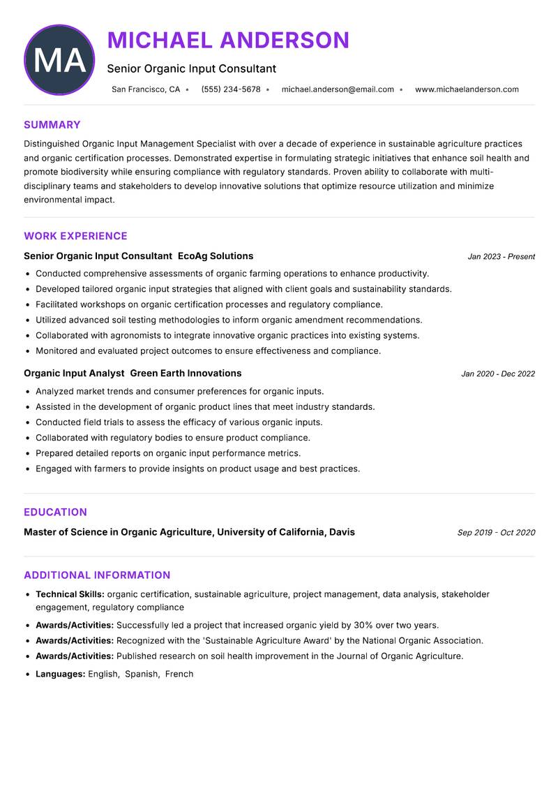 Organic Input Management Specialist resume example