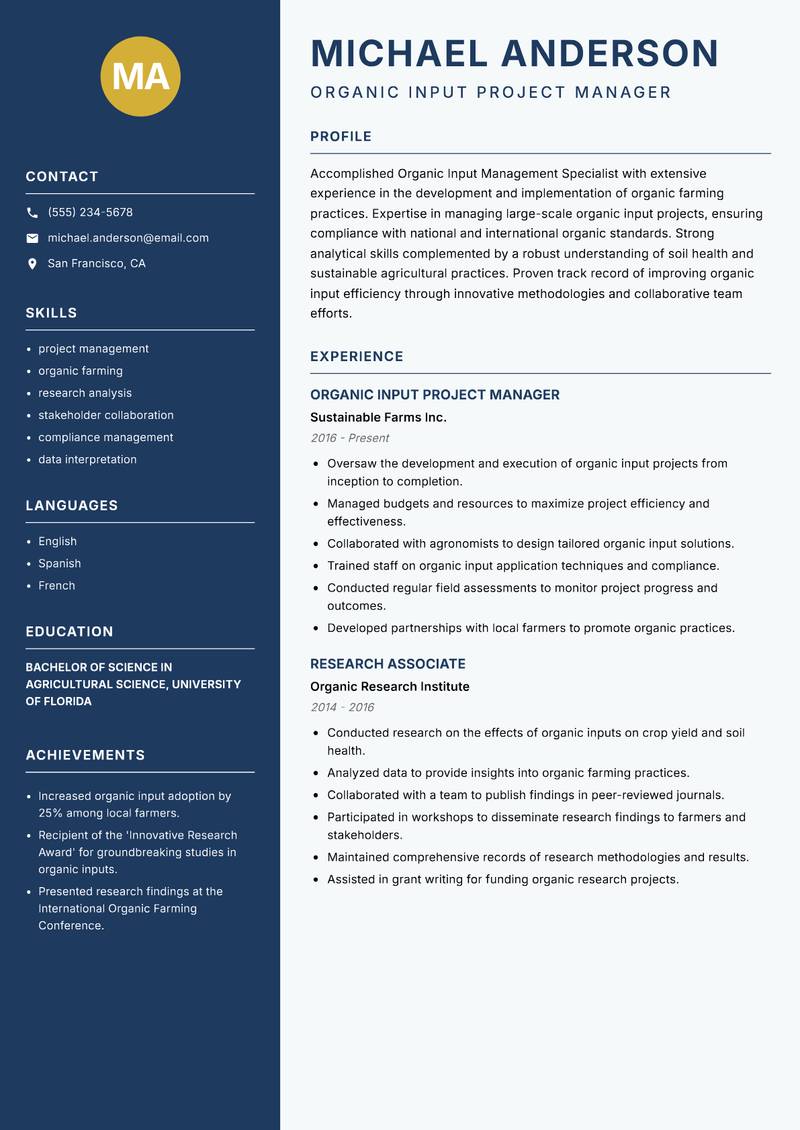 Organic Input Management Specialist resume sample — Organic Input Project Manager focus