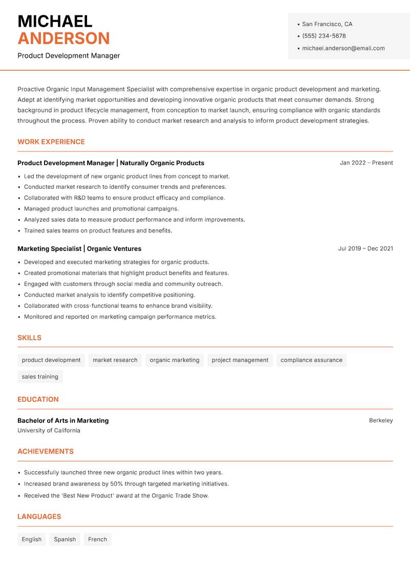 Organic Input Management Specialist resume sample — Product Development Manager focus
