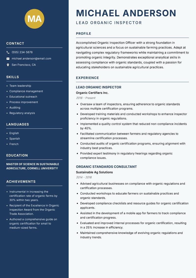 Organic Inspection Officer resume sample — Lead Organic Inspector focus