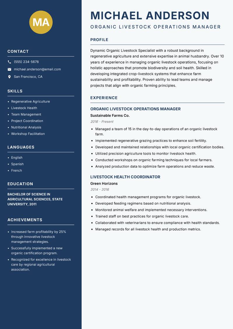 Organic Livestock Specialist resume sample — Organic Livestock Operations Manager focus