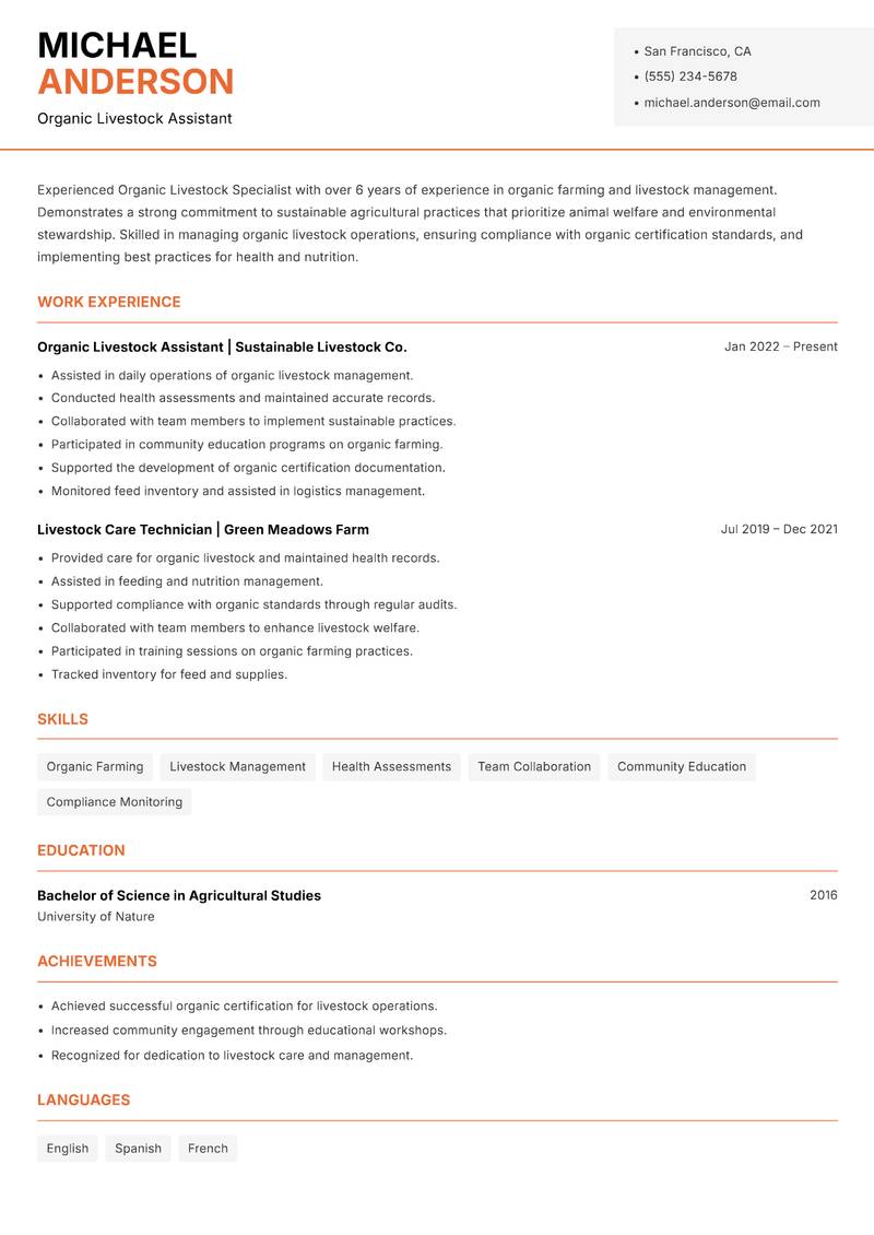 Organic Livestock Specialist resume sample — Organic Livestock Assistant focus