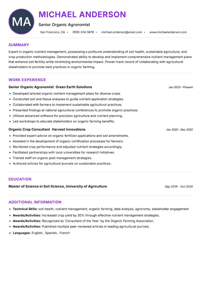 Organic Nutrient Management Specialist resume example