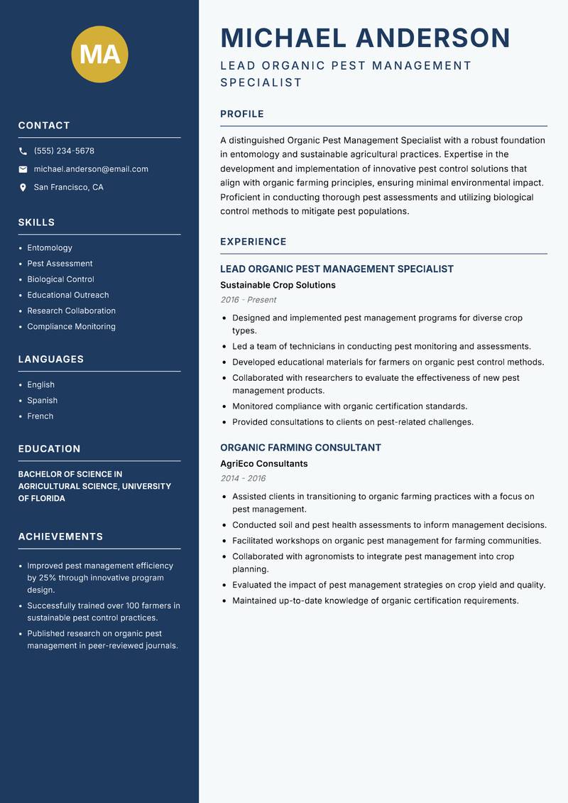 Organic Pest Management Specialist resume sample — Lead Organic Pest Management Specialist focus