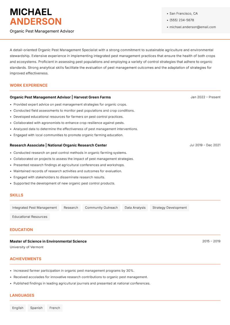 Organic Pest Management Specialist resume sample — Organic Pest Management Advisor focus