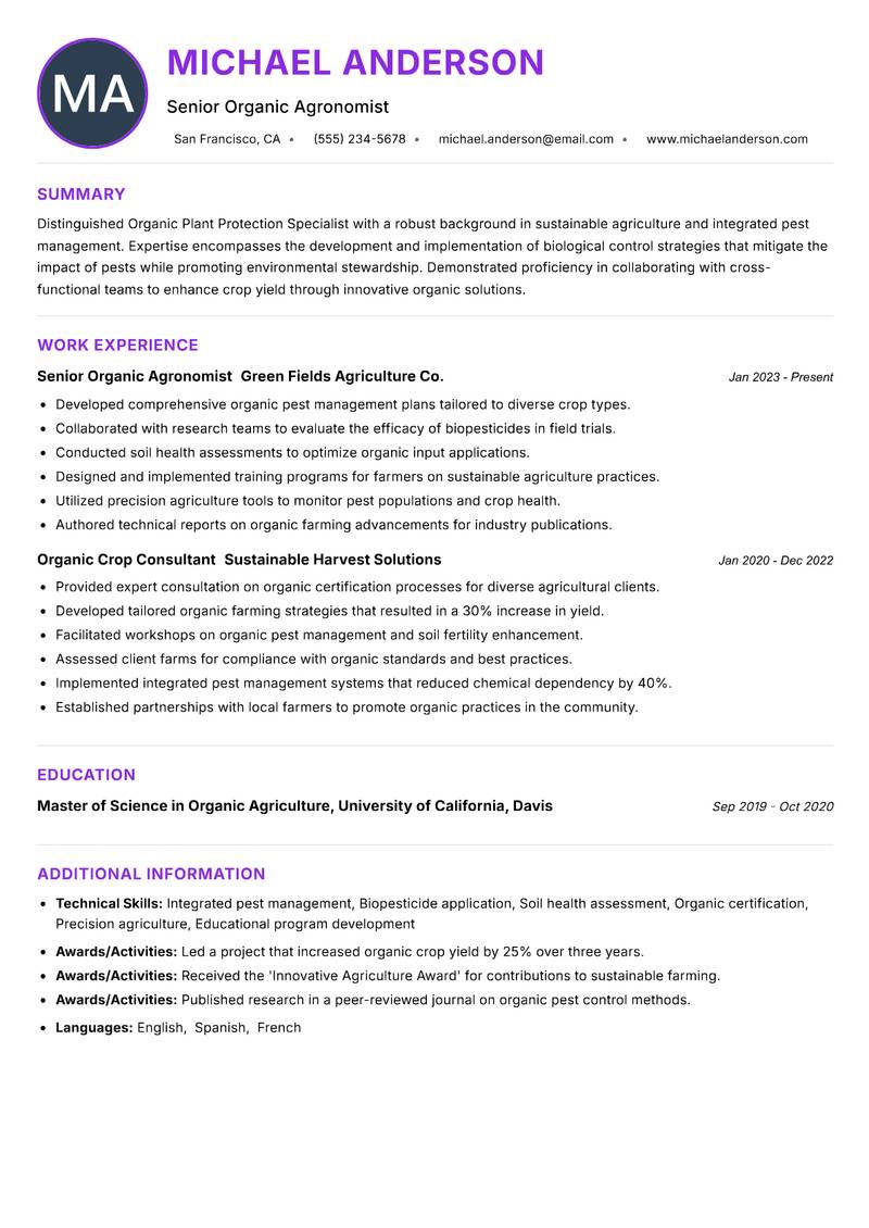 Organic Plant Protection Specialist resume example