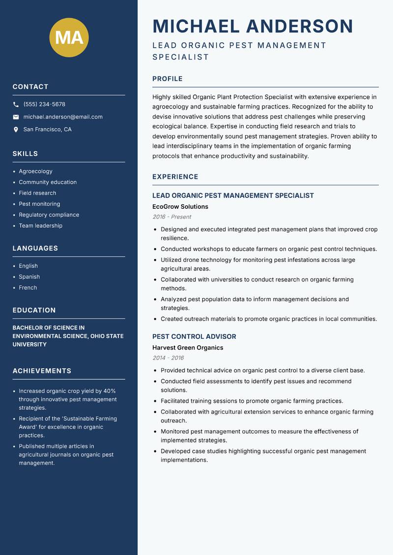 Organic Plant Protection Specialist resume sample — Lead Organic Pest Management Specialist focus