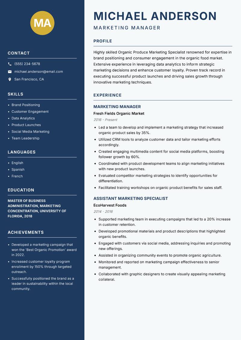 Organic Produce Marketing Specialist resume sample — Marketing Manager focus