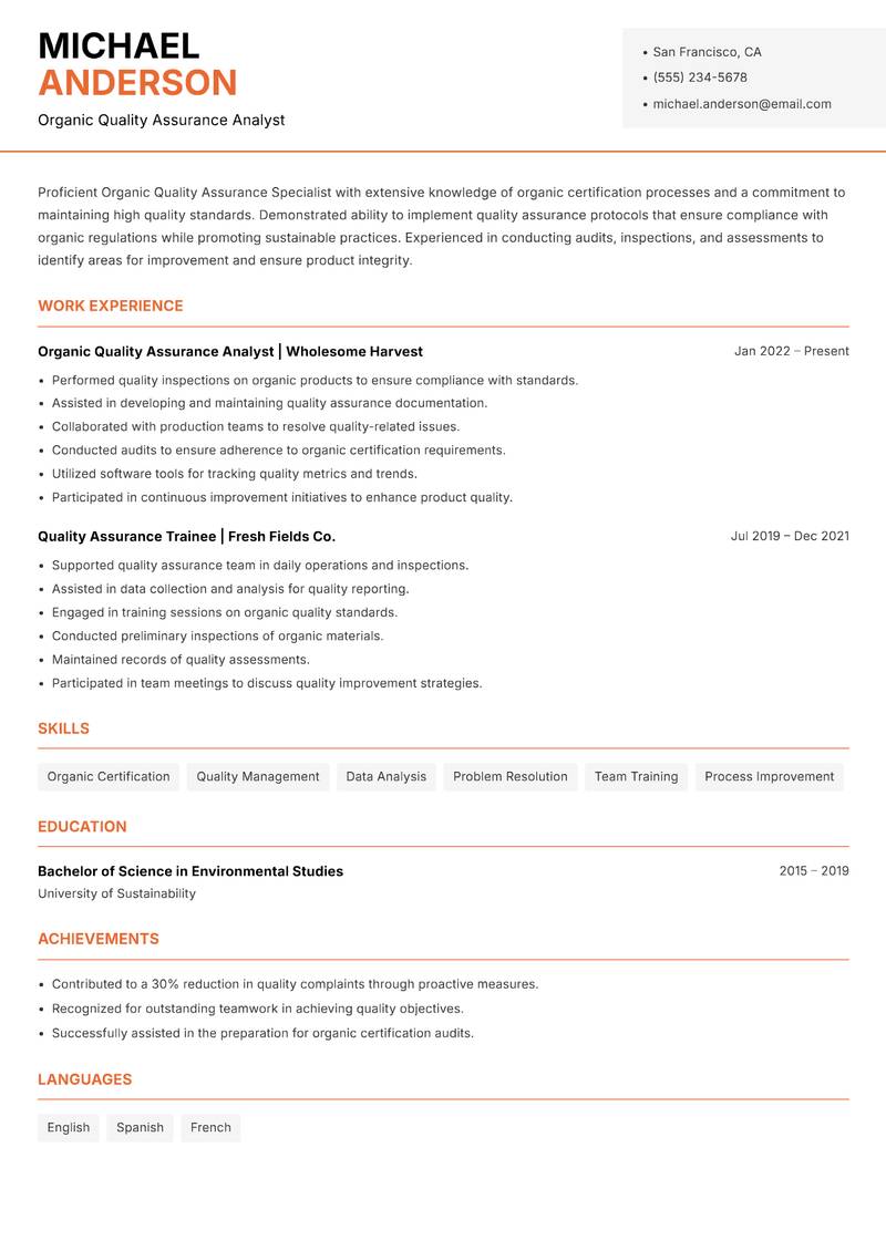 Organic Quality Assurance Specialist resume sample — Organic Quality Assurance Analyst focus