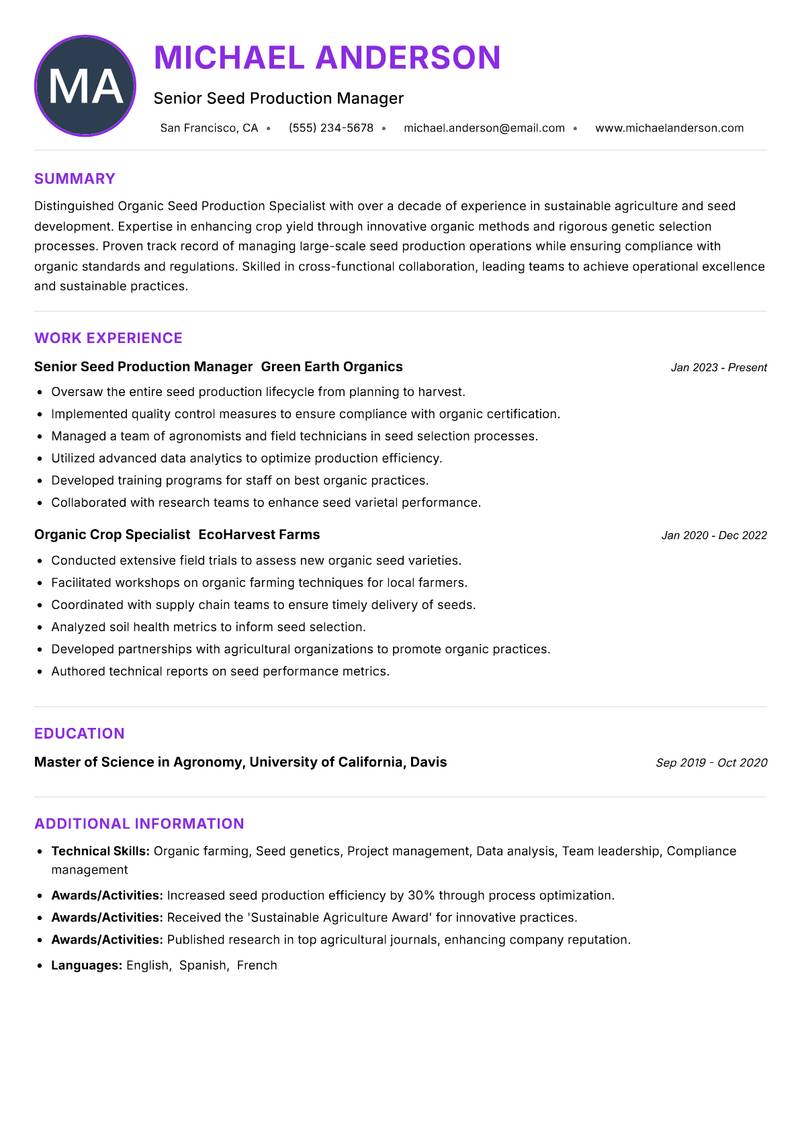 Organic Seed Production Specialist resume example