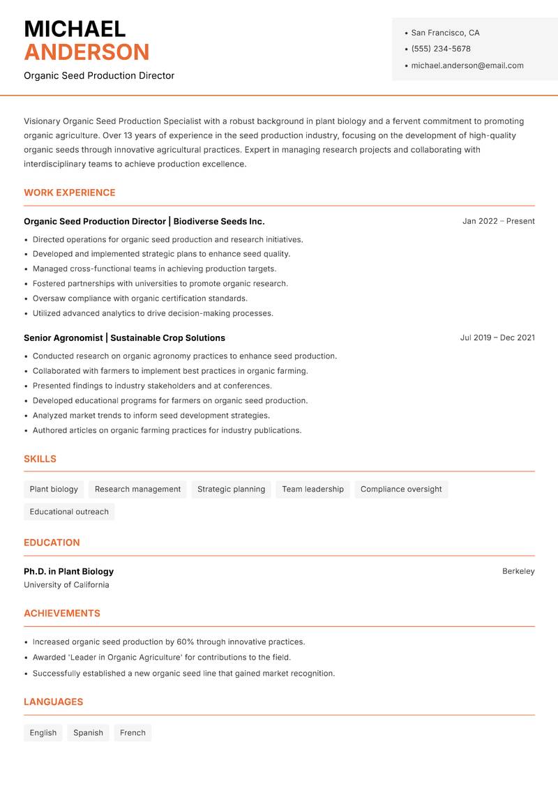 Organic Seed Production Specialist resume sample — Organic Seed Production Director focus