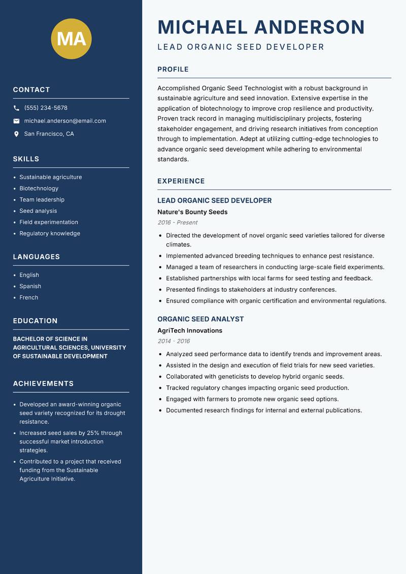Organic Seed Technologist resume sample — Lead Organic Seed Developer focus