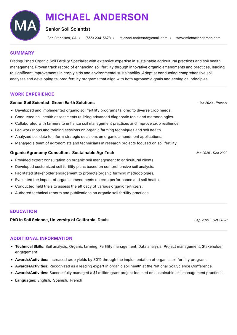 Organic Soil Fertility Specialist resume example