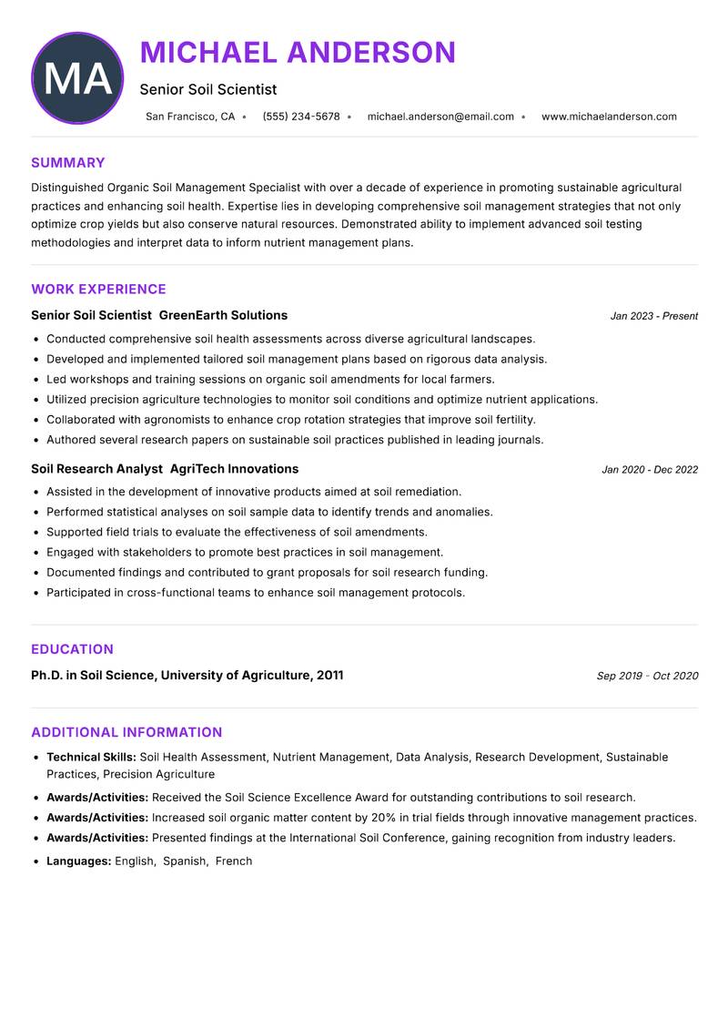 Organic Soil Management Specialist resume example