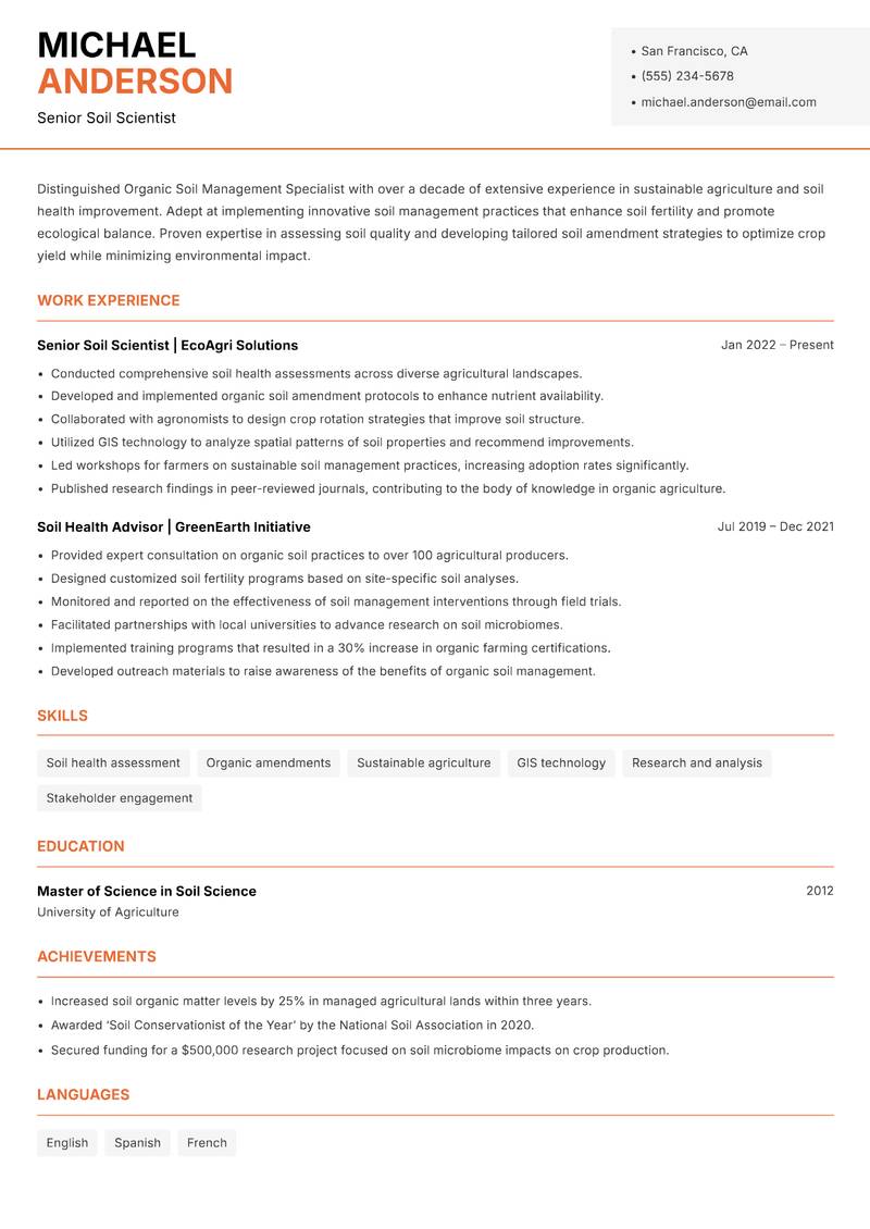 Organic Soil Management Specialist resume sample — Senior Soil Scientist focus