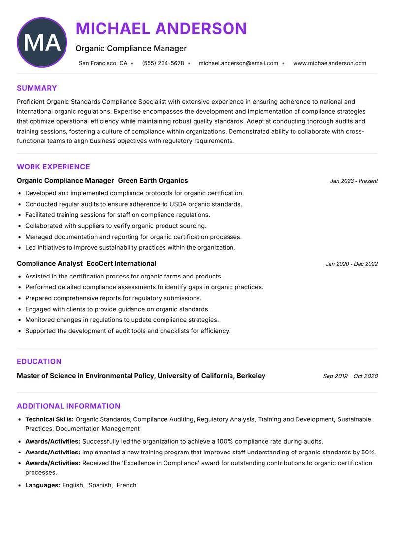 Organic Standards Compliance Specialist resume example