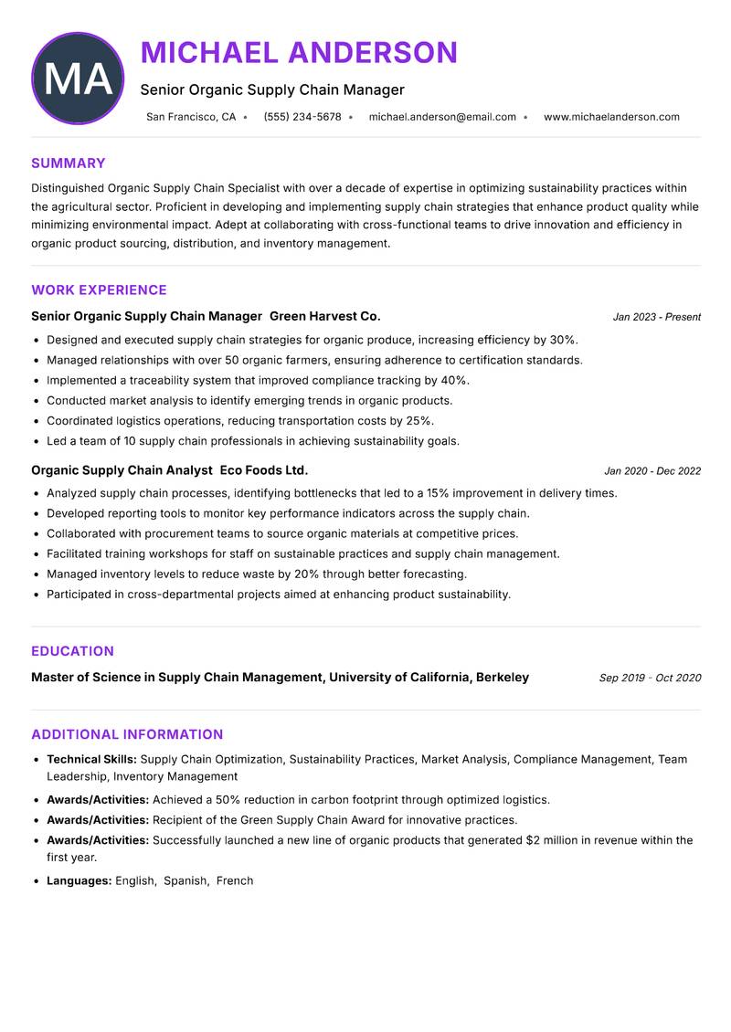 Organic Supply Chain Specialist resume example