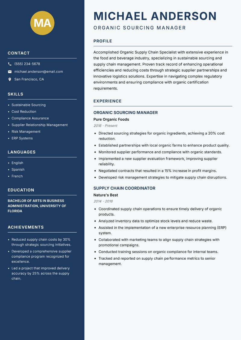 Organic Supply Chain Specialist resume sample — Organic Sourcing Manager focus