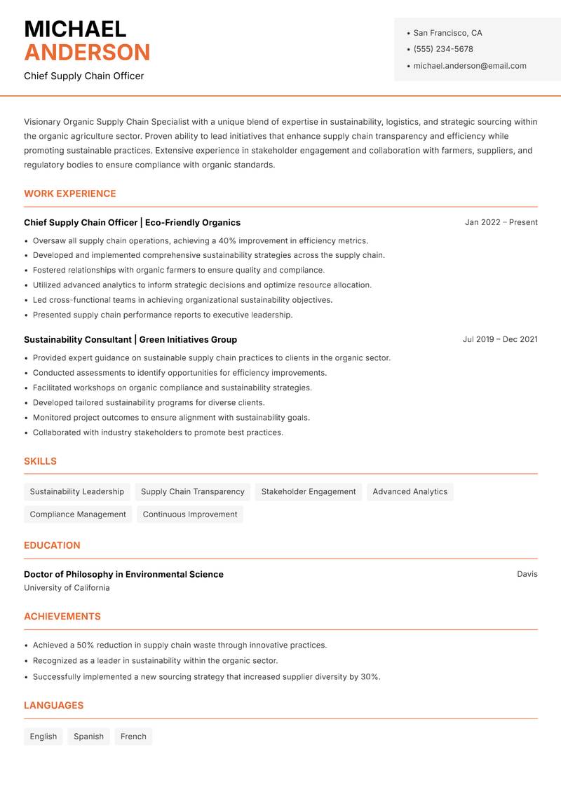 Organic Supply Chain Specialist resume sample — Chief Supply Chain Officer focus