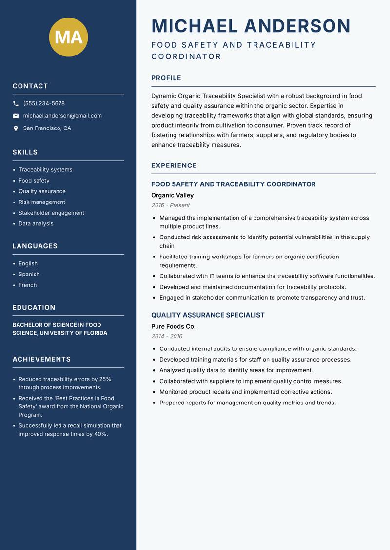 Organic Traceability Specialist resume sample — Food Safety and Traceability Coordinator focus