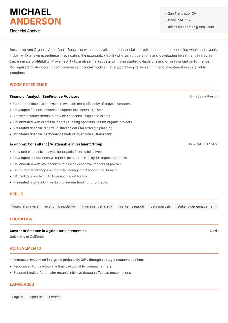 Organic Value Chain Specialist resume sample — Financial Analyst focus