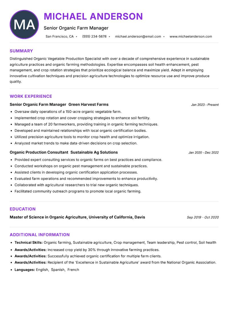 Organic Vegetable Production Specialist resume example