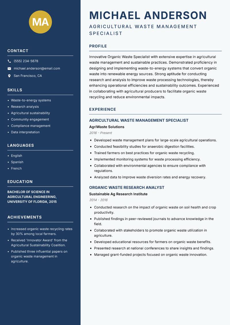 Organic Waste Specialist resume sample — Agricultural Waste Management Specialist focus