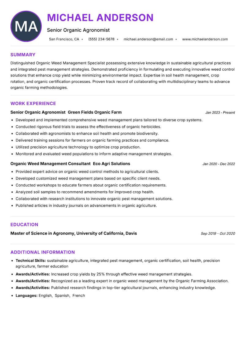 Organic Weed Management Specialist resume example