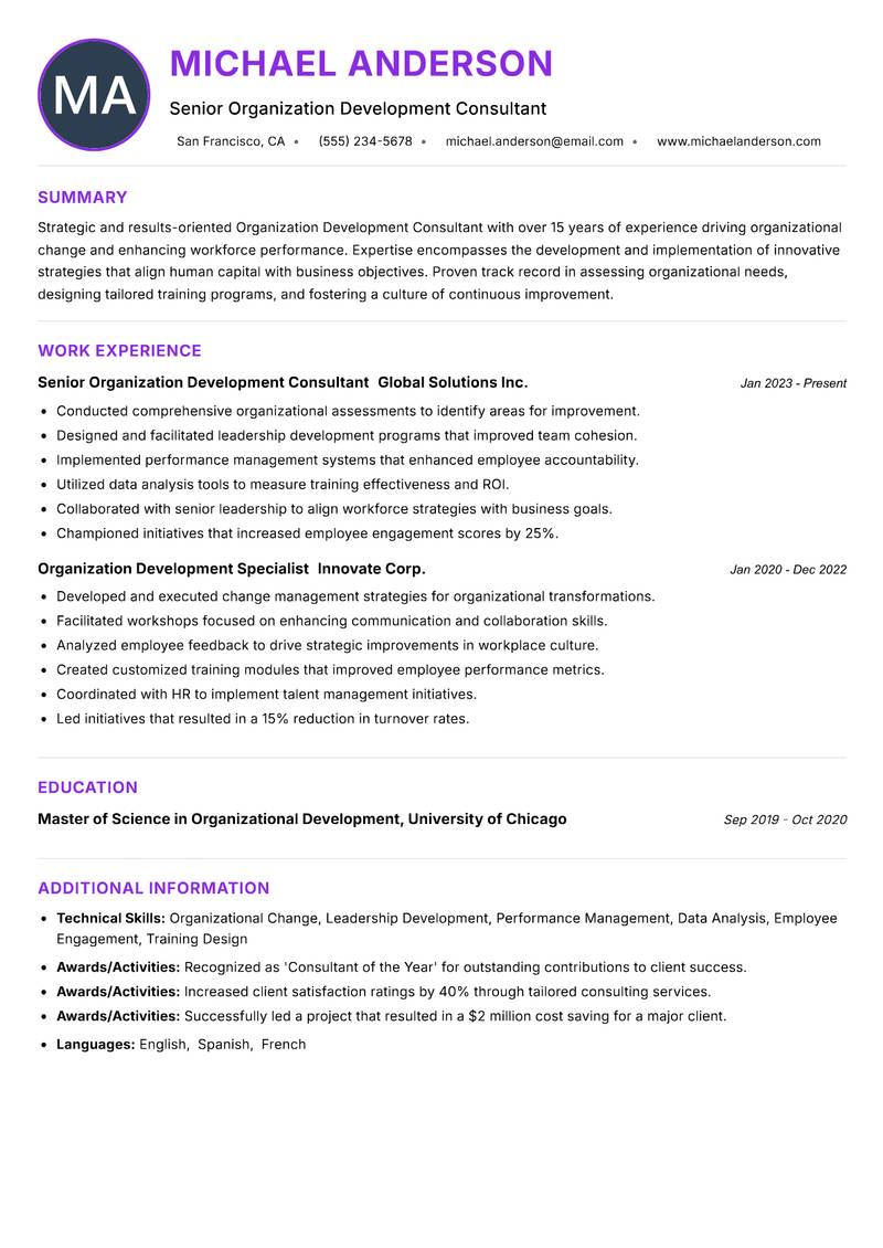 Organization Development Consultant resume example