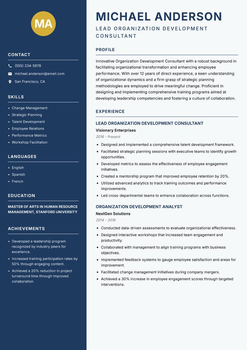 Organization Development Consultant resume sample — Lead Organization Development Consultant focus