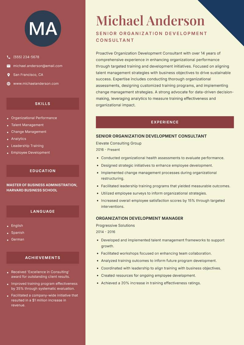 Organization Development Consultant resume sample — Senior Organization Development Consultant focus
