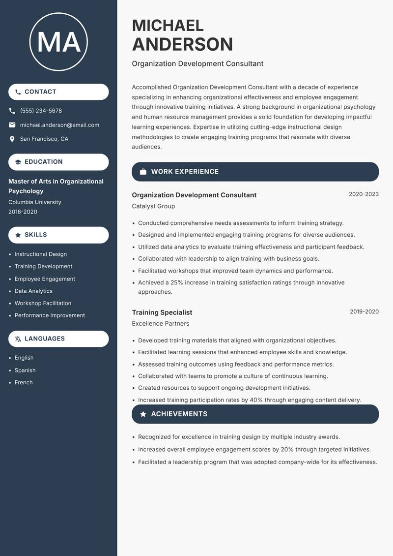 Organization Development Consultant resume sample — Organization Development Consultant focus